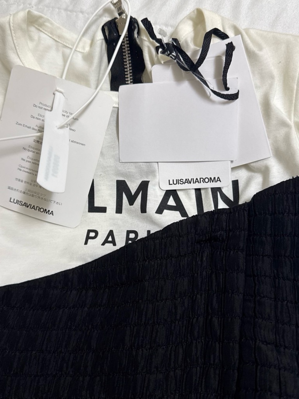 Balmain Black and White Logo Strapless Dress